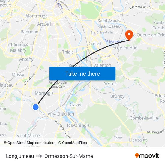 Longjumeau to Ormesson-Sur-Marne map