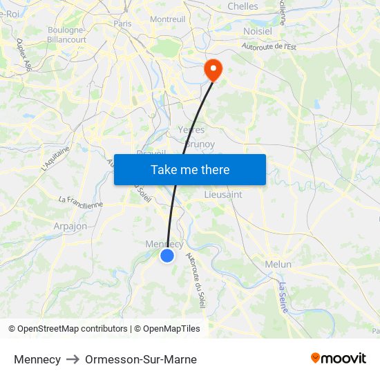 Mennecy to Ormesson-Sur-Marne map