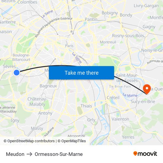 Meudon to Ormesson-Sur-Marne map