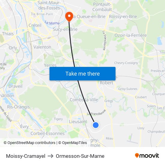 Moissy-Cramayel to Ormesson-Sur-Marne map