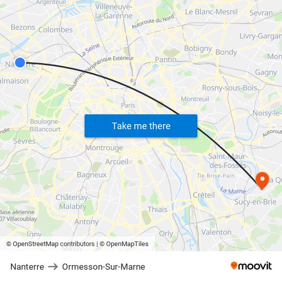 Nanterre to Ormesson-Sur-Marne map