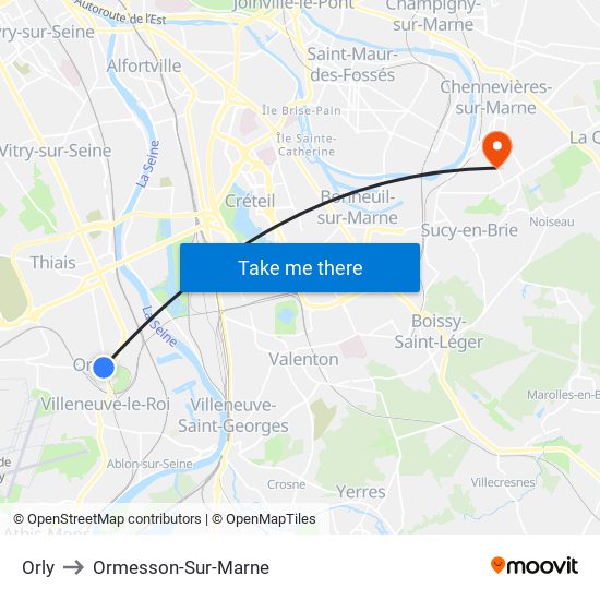 Orly to Ormesson-Sur-Marne map