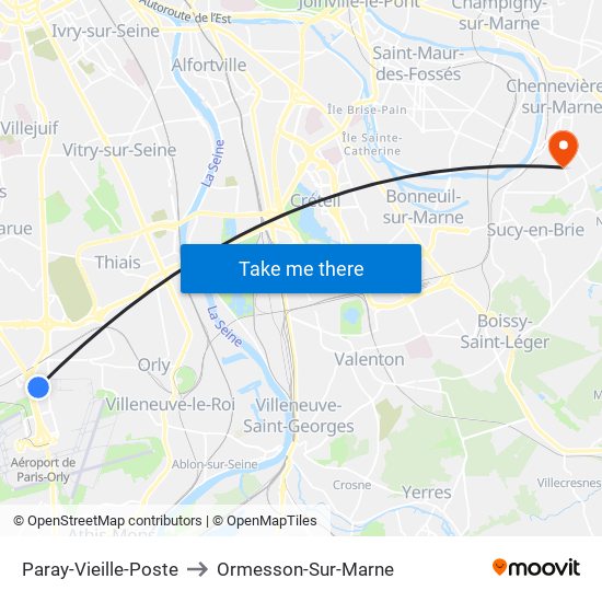 Paray-Vieille-Poste to Ormesson-Sur-Marne map