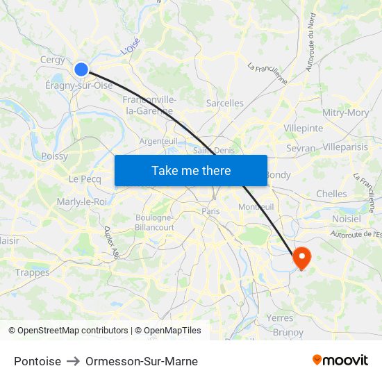 Pontoise to Ormesson-Sur-Marne map