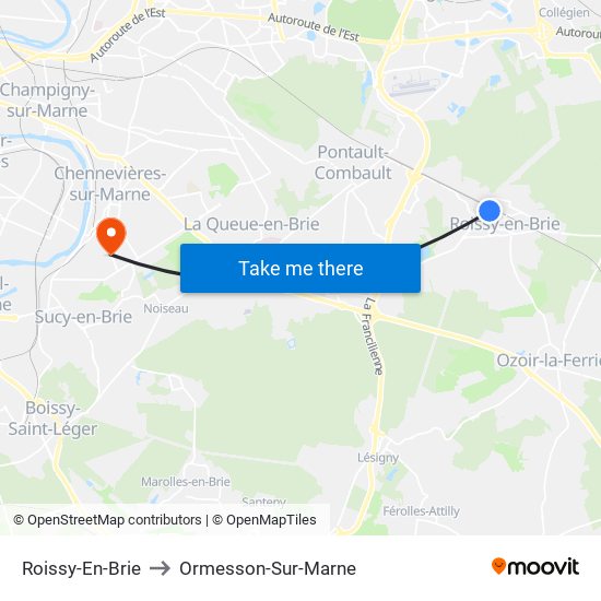 Roissy-En-Brie to Ormesson-Sur-Marne map