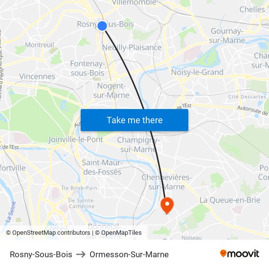 Rosny-Sous-Bois to Ormesson-Sur-Marne map