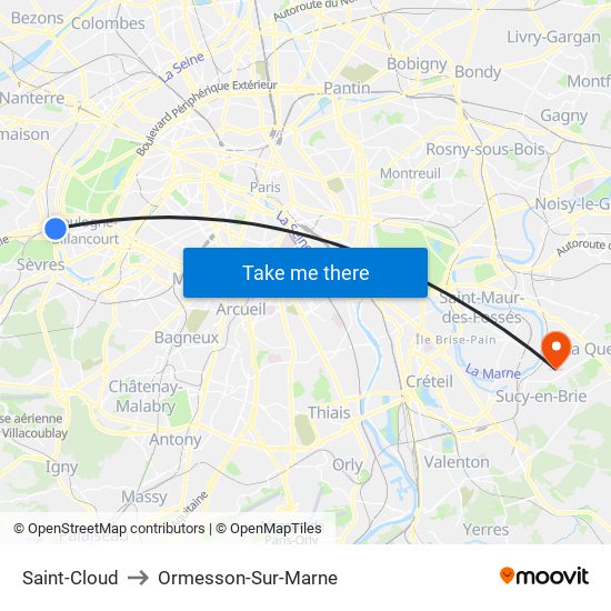 Saint-Cloud to Ormesson-Sur-Marne map