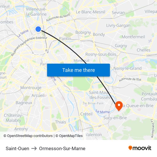 Saint-Ouen to Ormesson-Sur-Marne map