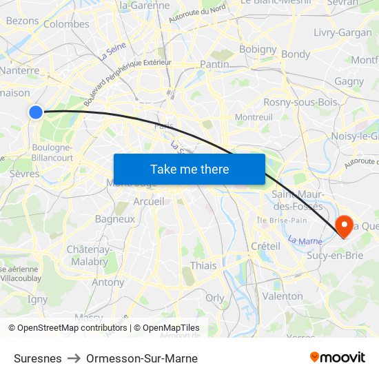Suresnes to Ormesson-Sur-Marne map