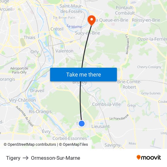 Tigery to Ormesson-Sur-Marne map
