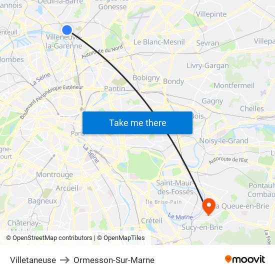 Villetaneuse to Ormesson-Sur-Marne map