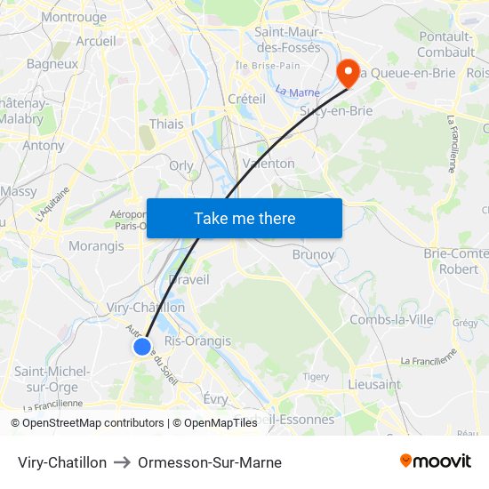 Viry-Chatillon to Ormesson-Sur-Marne map