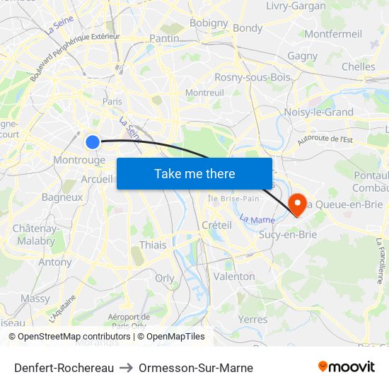 Denfert-Rochereau to Ormesson-Sur-Marne map