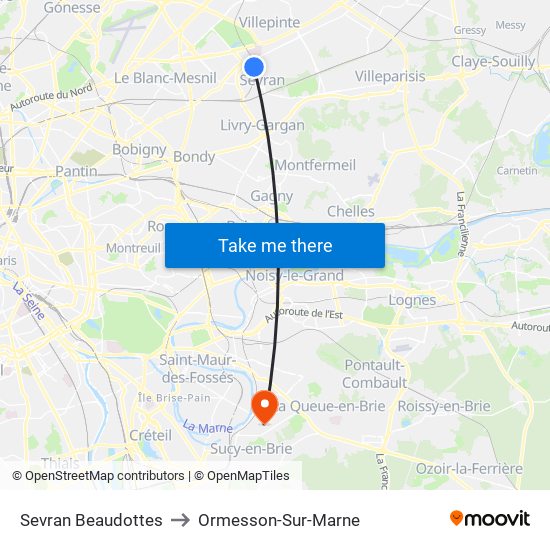 Sevran Beaudottes to Ormesson-Sur-Marne map