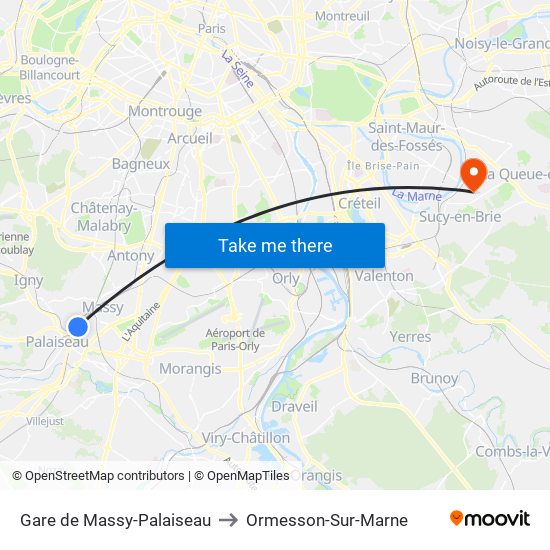 Gare de Massy-Palaiseau to Ormesson-Sur-Marne map