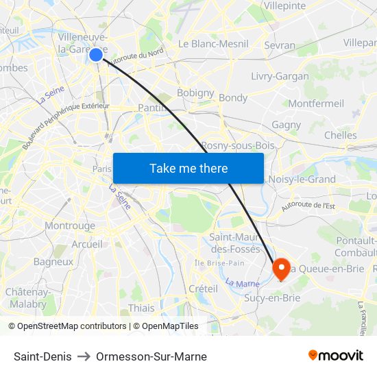 Saint-Denis to Ormesson-Sur-Marne map