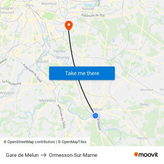 Gare de Melun to Ormesson-Sur-Marne map