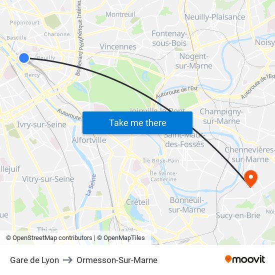 Gare de Lyon to Ormesson-Sur-Marne map