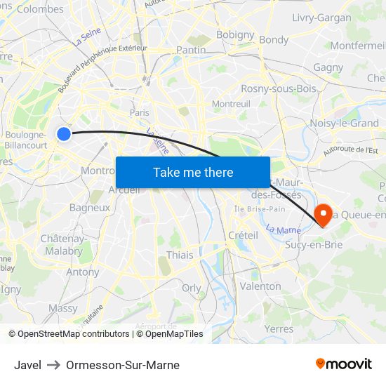 Javel to Ormesson-Sur-Marne map