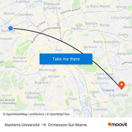Nanterre Université to Ormesson-Sur-Marne map