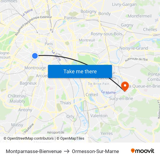 Montparnasse-Bienvenue to Ormesson-Sur-Marne map