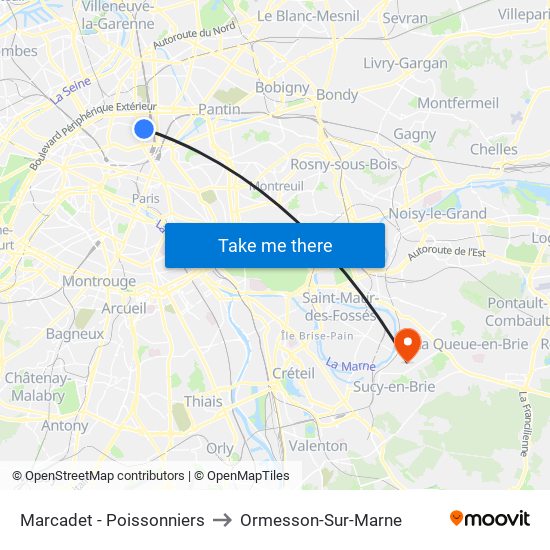 Marcadet - Poissonniers to Ormesson-Sur-Marne map