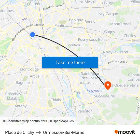 Place de Clichy to Ormesson-Sur-Marne map