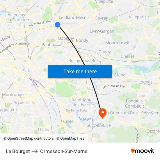 Le Bourget to Ormesson-Sur-Marne map