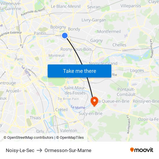 Noisy-Le-Sec to Ormesson-Sur-Marne map