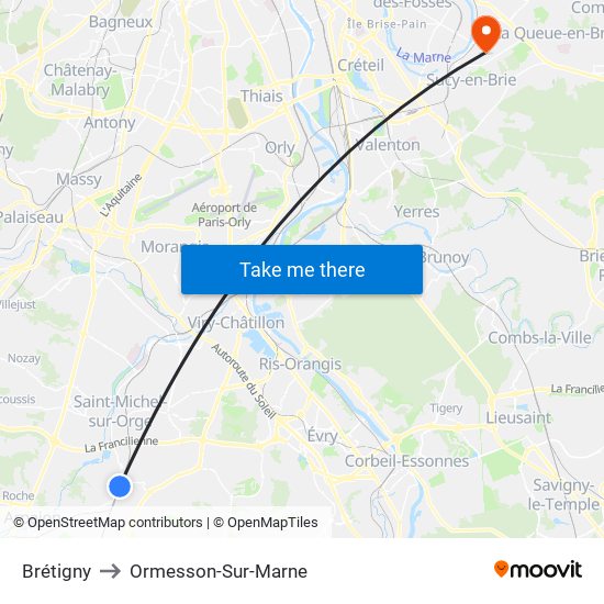 Brétigny to Ormesson-Sur-Marne map