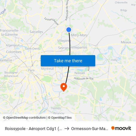 Roissypole - Aéroport Cdg1 (D3) to Ormesson-Sur-Marne map
