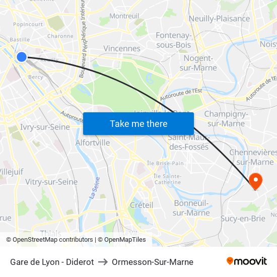 Gare de Lyon - Diderot to Ormesson-Sur-Marne map