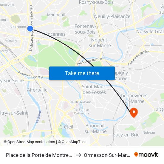 Place de la Porte de Montreuil to Ormesson-Sur-Marne map