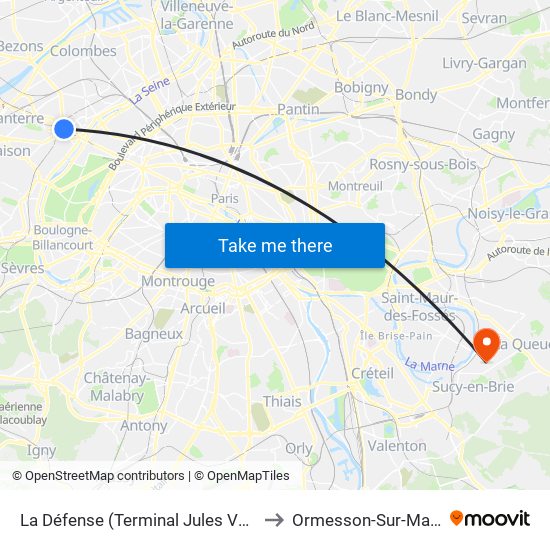 La Défense (Terminal Jules Verne) to Ormesson-Sur-Marne map