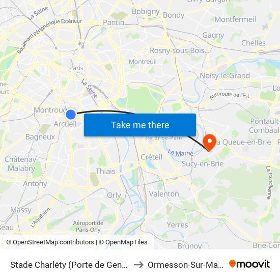 Stade Charléty (Porte de Gentilly) to Ormesson-Sur-Marne map