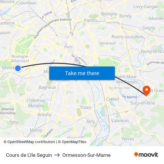 Cours de L'Ile Seguin to Ormesson-Sur-Marne map
