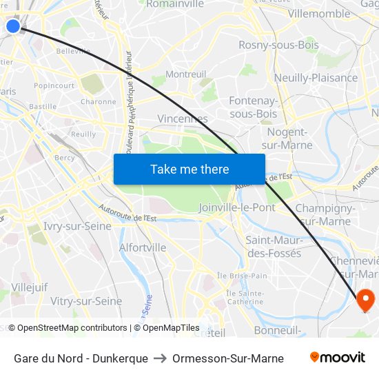 Gare du Nord - Dunkerque to Ormesson-Sur-Marne map