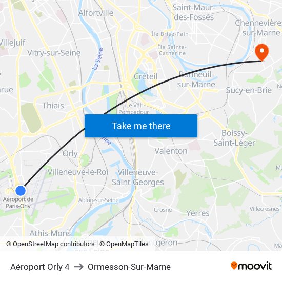 Aéroport Orly 4 to Ormesson-Sur-Marne map