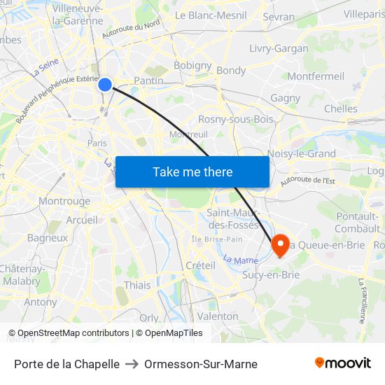 Porte de la Chapelle to Ormesson-Sur-Marne map