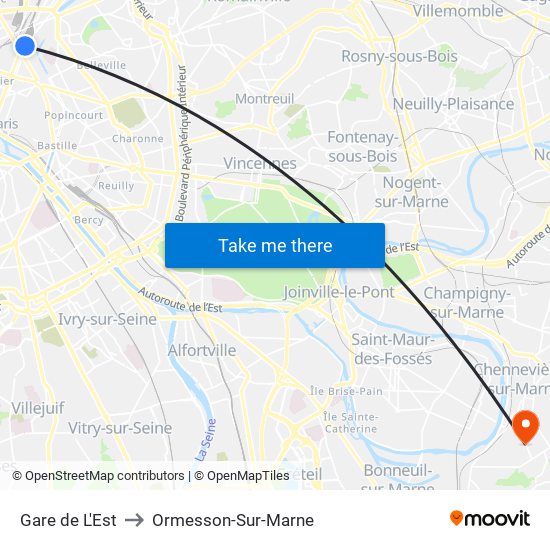 Gare de L'Est to Ormesson-Sur-Marne map