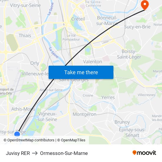 Juvisy RER to Ormesson-Sur-Marne map