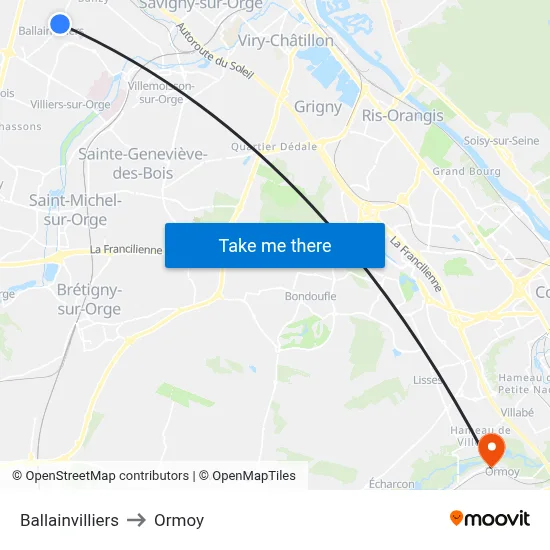 Ballainvilliers to Ormoy map