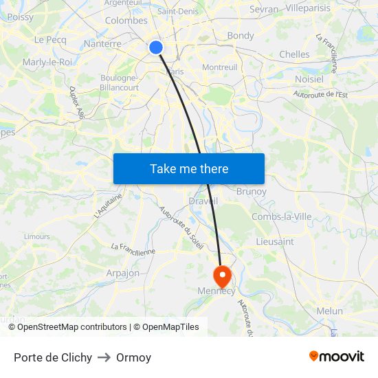 Porte de Clichy to Ormoy map