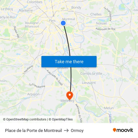 Place de la Porte de Montreuil to Ormoy map