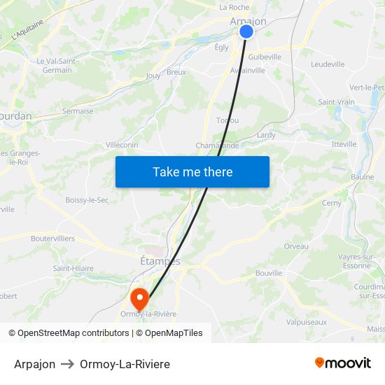 Arpajon to Ormoy-La-Riviere map