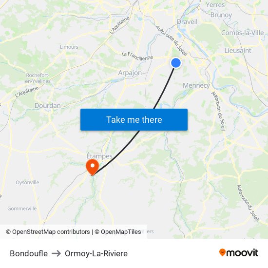 Bondoufle to Ormoy-La-Riviere map