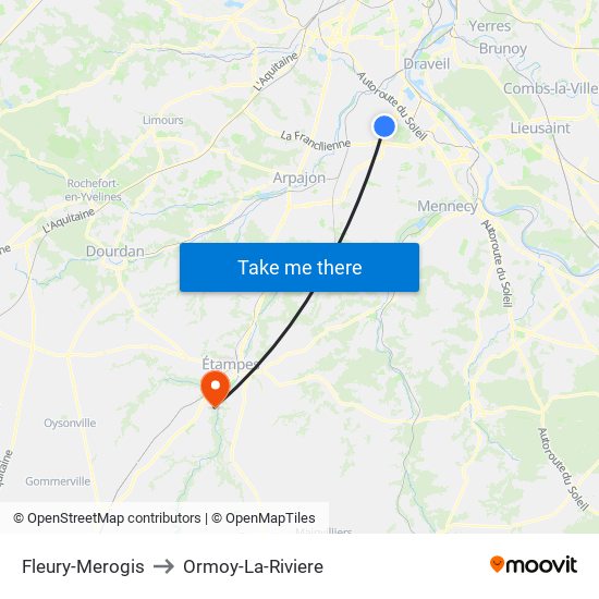 Fleury-Merogis to Ormoy-La-Riviere map