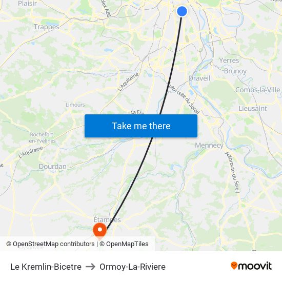 Le Kremlin-Bicetre to Ormoy-La-Riviere map