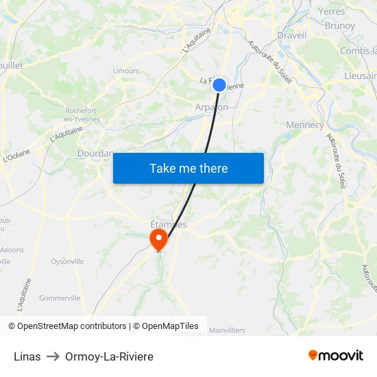 Linas to Ormoy-La-Riviere map