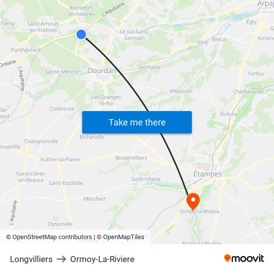 Longvilliers to Ormoy-La-Riviere map